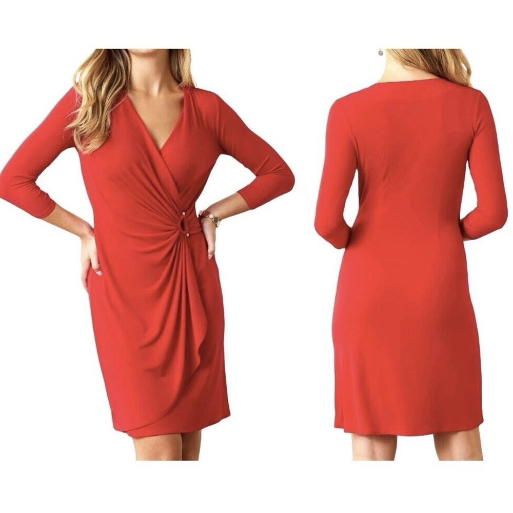 Tommy Bahama Womens Large Red Carmela Dress 3/4 Sleeve V Neckline Stretch